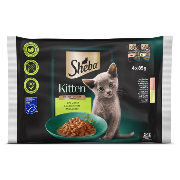 SHEBA® Zakje Kitten Gemengde Selectie (Kip, Zalm) Saus 4x85g image 1