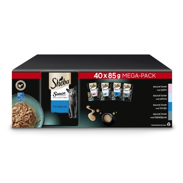 SHEBA® Zakje Sauce Collectie Volwassen Visselectie (Kabeljauw, Sa, Tn, Wf) 40x85g image 1